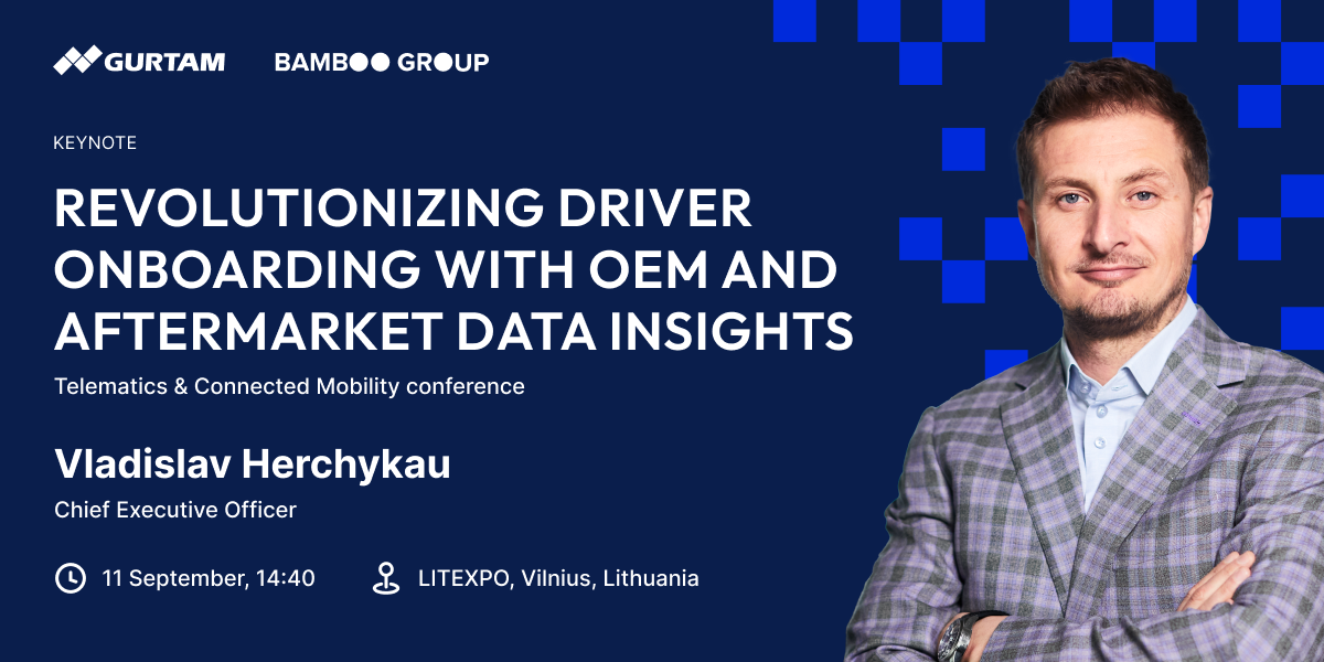 Banner: Vladislav Herchykau keynote on smarter data-driven driver onboarding at Telematics & Connected Mobility, Vilnius, September 11, 2025.