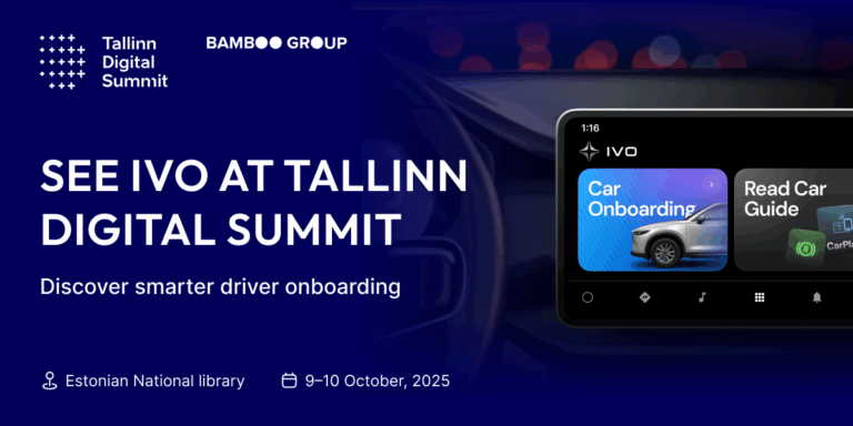 Banner for Tallinn Digital Summit 2025 featuring Bamboo Group’s IVO driver onboarding solution, event at Estonian National Library on 9–10 October 2025
