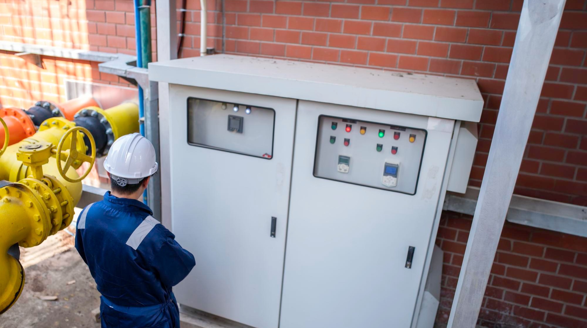 servicemen of electricity company near power distribution box